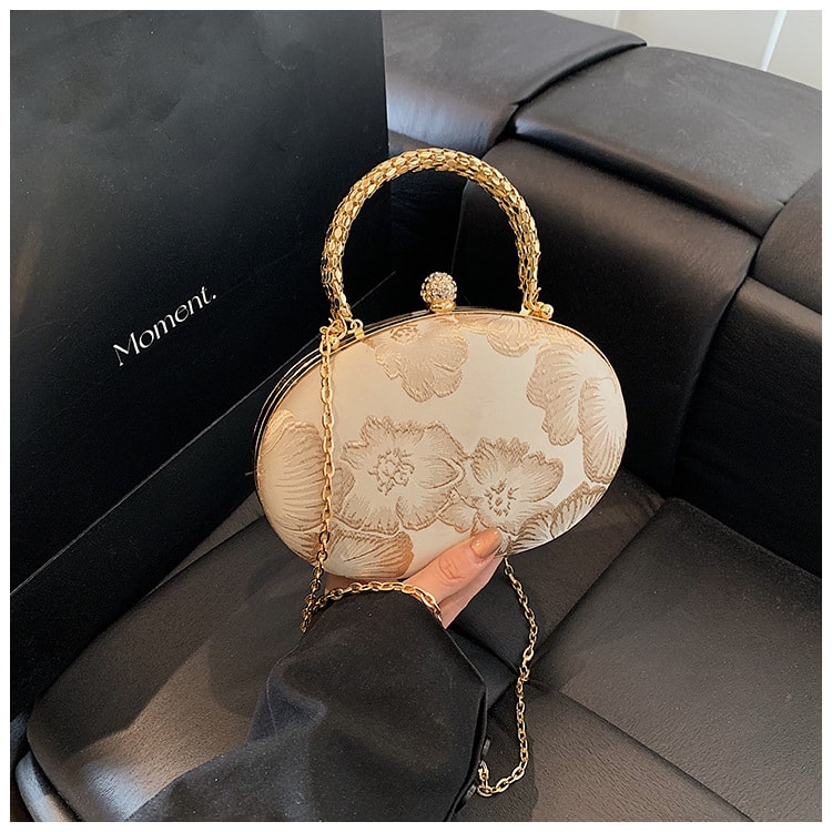 Oval-Shaped Embroidered Chain Evening Mini Bag