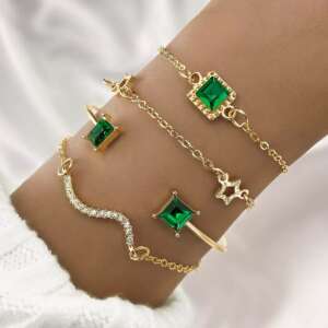 Premium Emerald Green Crystal Bracelet Set – 4-Piece Gold Plated Jewelry Stack