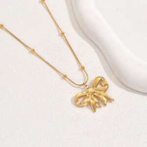 Premium Golden Ribbon Bow Pendant Necklace – Elegant Beaded Snake Chain