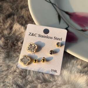 Luxury 3-Pair Stainless Steel Earring Set – Sparkling Clover, Crystal & Gold Studs