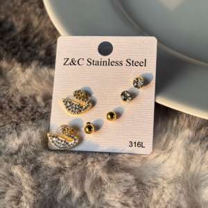 Luxury 3-Pair Stainless Steel Earring Set – Sparkling Swan, Crystal & Gold Studs