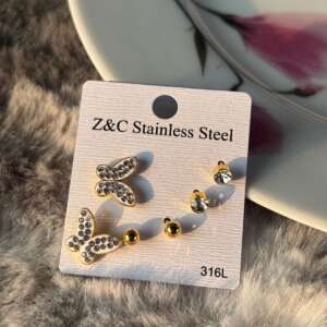 Luxury 3-Pair Stainless Steel Earring Set – Sparkling Butterfly, Crystal & Gold Studs