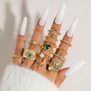 12-Piece Vintage Bohemian Gold Ring Set – Mixed Emerald, Pearl, and Celestial Statement Rings