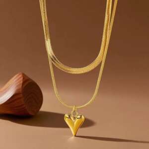 Double Layered Gold Heart Necklace – Herringbone & Snake Chain Set