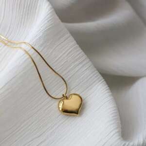 Gold 3D Puffed Heart Necklace – Polished Minimalist Snake Chain