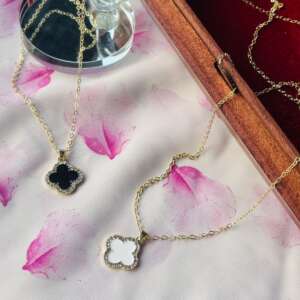 Luxury Black & White Clover Necklace – Crystal-Bordered Enamel Pendant